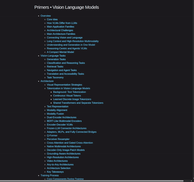 Scrolling through the table of contents of a Vision-Language Models primer, showing dozens of sections covering VLM architectures, tasks, safety, and any-to-any models.